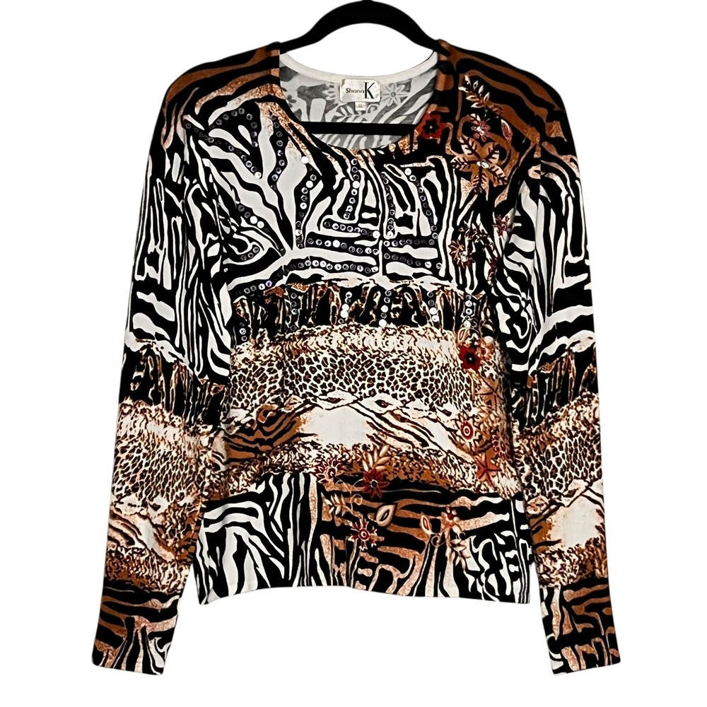 Shana K Womens Sweater Top XL Animal Print Long Sleeve Shirt Sequins Embellished
